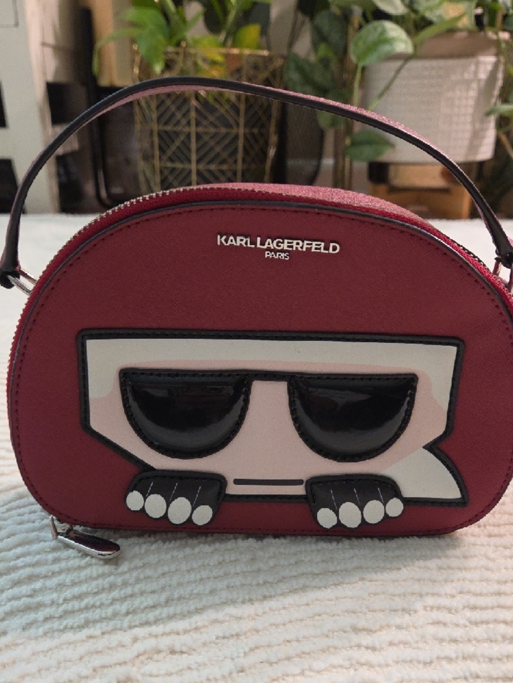 Karl Lagerfeld Burgundy Mini Top-Handle Bag with Novelty Applique